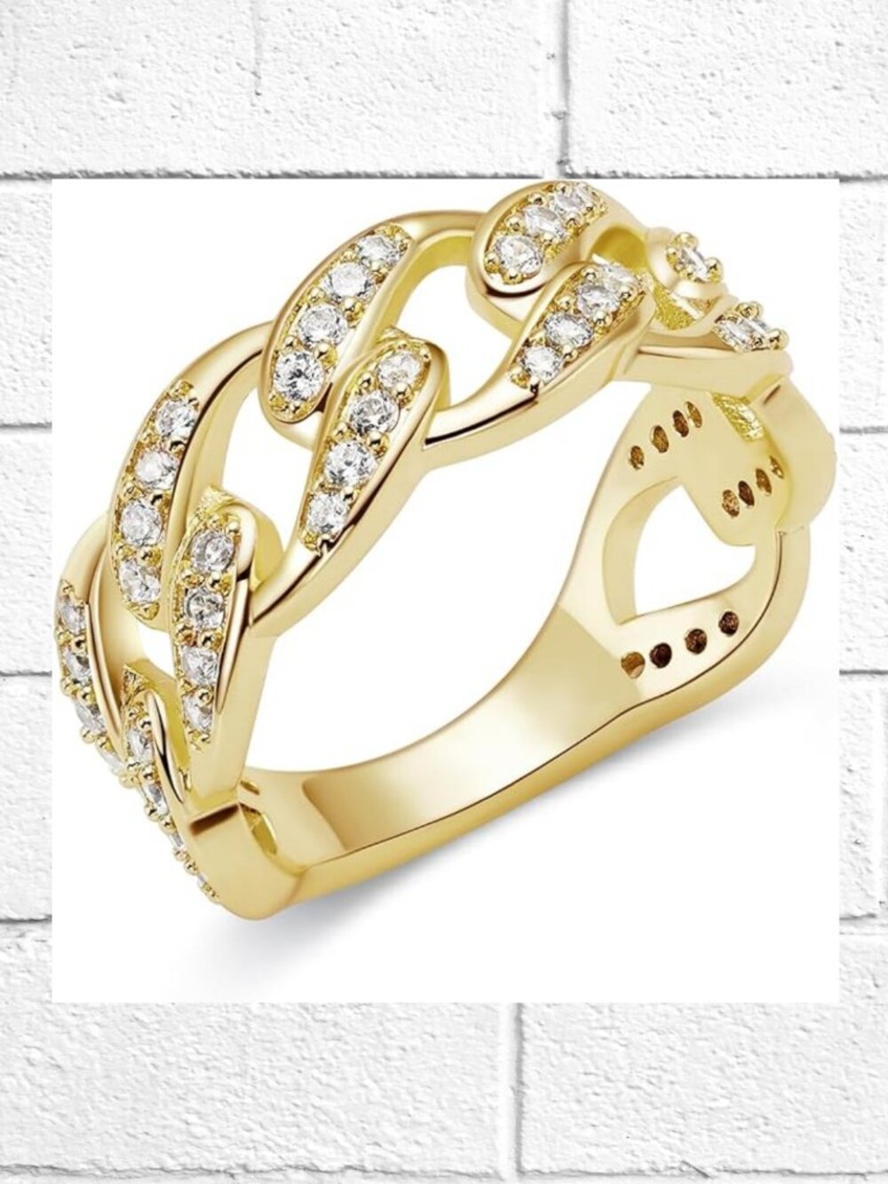 NWT! 14K Gold-Plated Ring with Cuban Chain Link Design and Inset CZ's - Size 7